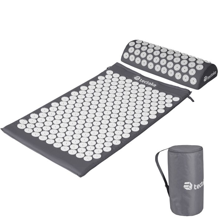 TECTAKE Tapis d'Acupression de Fleurs Tapis Fakir de Détente Matelas de Massage 74 cm x 43 cm x 2,5 cm + 1 Coussin + 1 Sac Gris