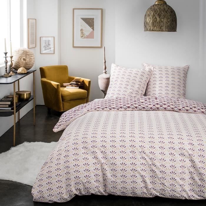Parure de lit 2 personnes 240X260 Coton imprime bordeaux Graphique SUNSHINE