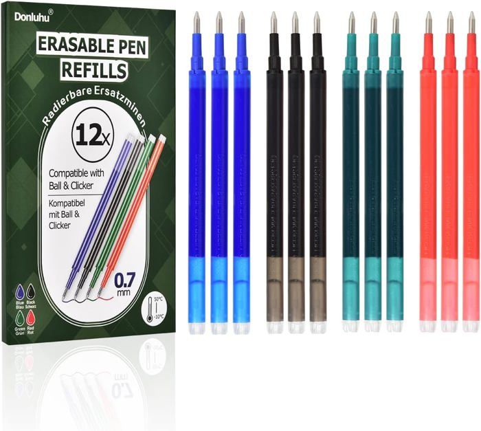 12 Recharges Pour Stylo Effaçable - Encre Noire, 0.7 Mm, Compatibles Plusieurs Marques