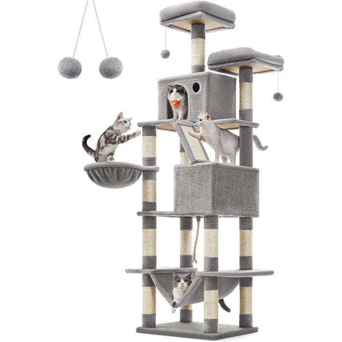 Meilleurs prix pour Feandrea Arbre À Chat,Hauteur 206Cm,Avec 13 Griffoirs,2 Plate-Forme,2 Niches,Panier,Hamac,Pompon,Tissu Peluche,Multi-Niveaux Pour