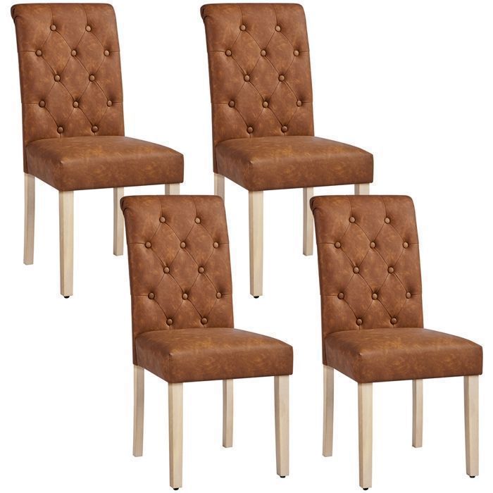 Lot de 4 Chaises de Salle à Manger-Similicuir-Haut Dossier - Revêtement Pieds en Bois et Assise Rembourrée Brun Rustique YAHEETECH