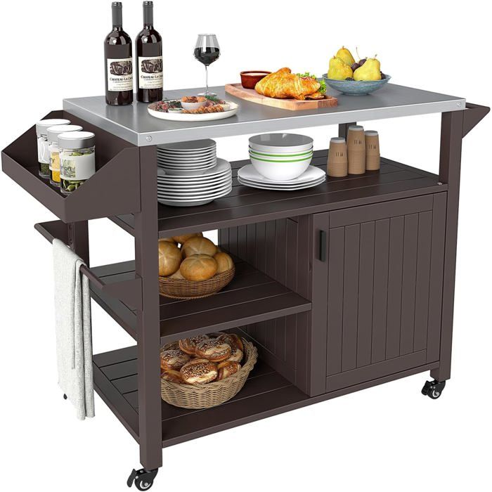 GOPLUS Desserte de Jardin à roulettes Desserte Barbecue avec Plan de Travail en Acier INOX. 116x50x87CM