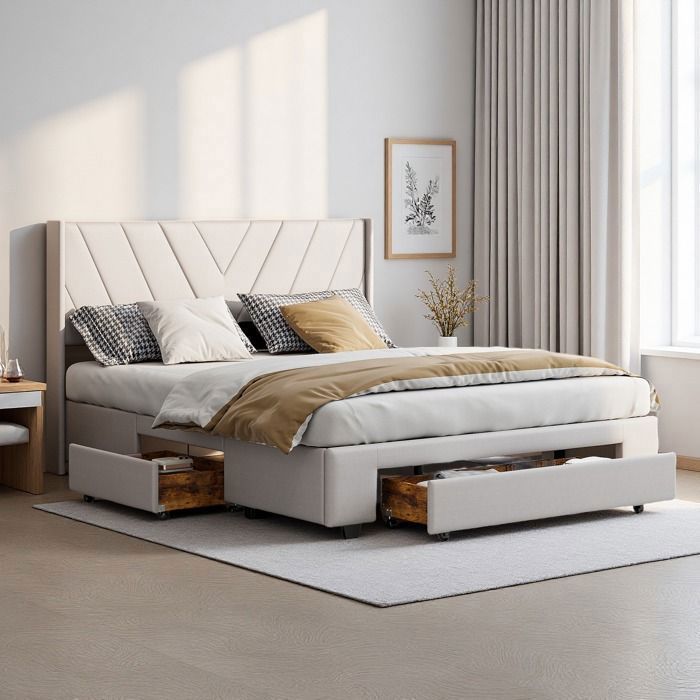 Lit 160x200 avec rangement -RWUDV-Lit coffre 160x200-2 tiroirs-Lit double 160x200 cm avec Sommier à lattes-Lit 2 Personnes-Lin beige
