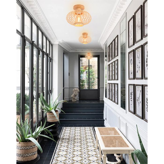 iDEGU 3x Plafonnier en CageLustre Boho Lampe de Plafond Abat-jour en Bambou et Bois Rétro Ø25cm Design Lanterne pour Salon Chambre