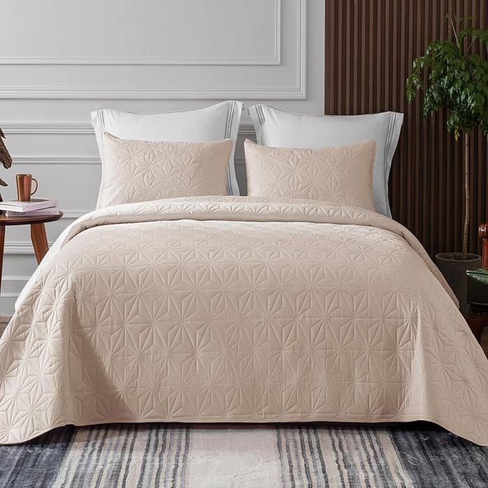 Couvre-Lit 220x240 cm avec 2 Taies oreiller Dessus Lit Gaufré Doux Léger avec Motif 220 x 240 cm#Beige JETEE DE LIT
