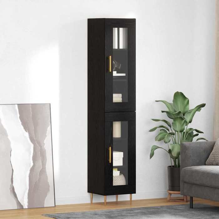 Buffet haut chêne noir style contemporain en bois dingénierie 34 5x34x180 cm avec porte rangement pour salon et séjour