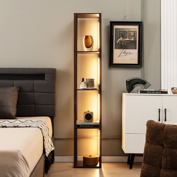 GOPLUS Lampadaire Étagères 4 Niveaux avec 3 Luminosités Réglable & Poteaux LED Rotatifs Style Moderne 29 x 29 x 164 CM Marron