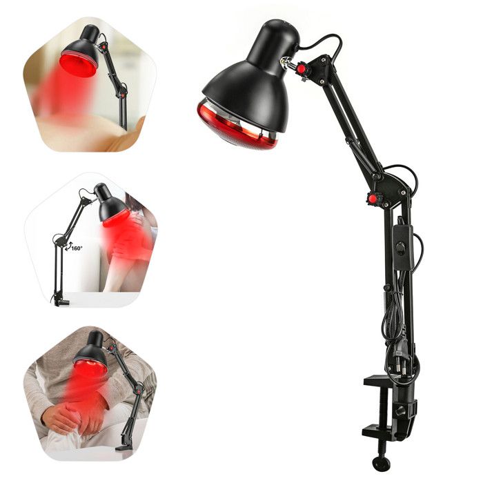 150W Lampe Infrarouge Chauffante Pliable Domestique Lumière Rouge Thérapie aver Clips et Tête Lampe Peut Pivoter à 360°