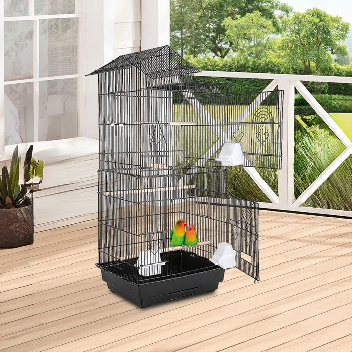 Meilleurs prix pour Grande cage à oiseaux en métal convient aux canaris perroquets et perruches ondulées jouets non inclus 46*355*99cm noir
