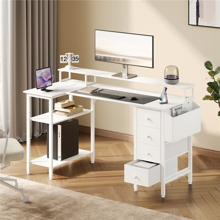 Bureau Gamer en L Réversible 140 cm Support décran 4 Tiroirs et Prises USB en Bois pour Travail et Gaming Blanc YAHEETECH