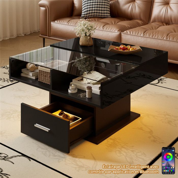 Table Basse Relevable Brillant avec Lumières LED Multicolores Table Basse Carrée avec Plateau en Verre et Tiroir Rangement Noir