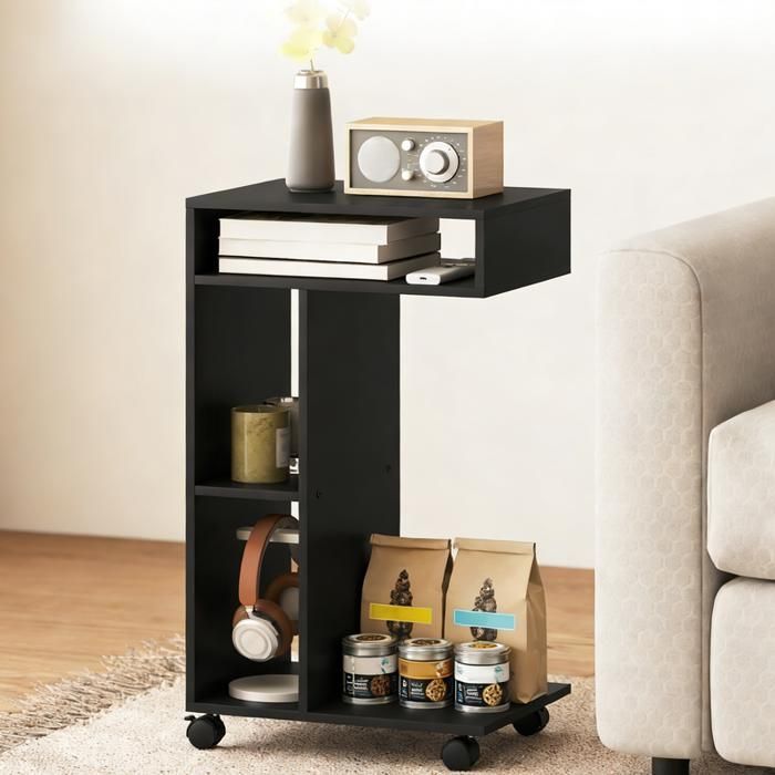 Table d’appoint - BELLEMAVE - desserte en forme de C 4 roulettes 3 compartiments 40 x 30 x 69 cm noir