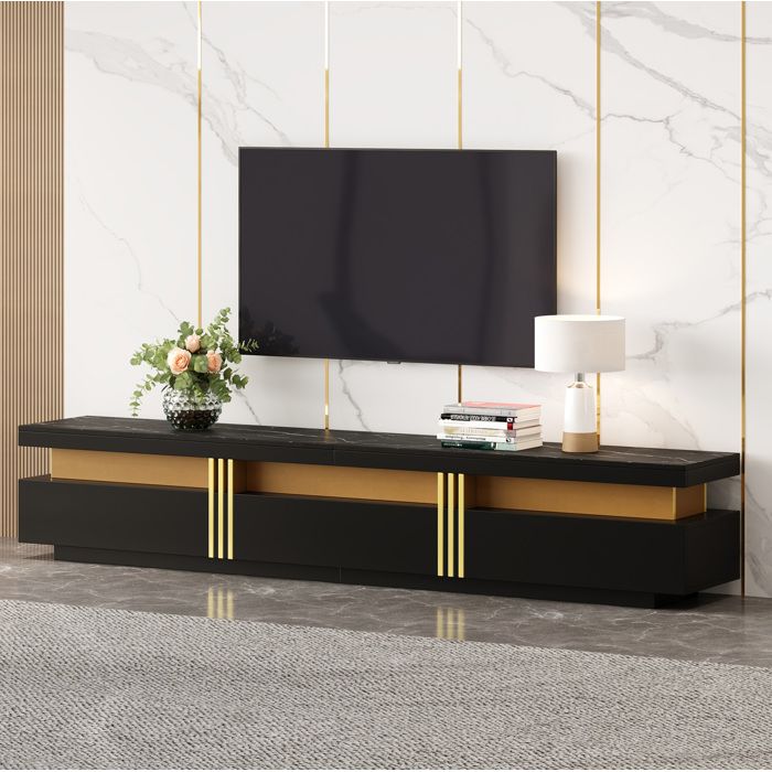 MEUBLIV Meuble TV avec surface en marbre et 3 tiroirs 200x40x42 cm noir
