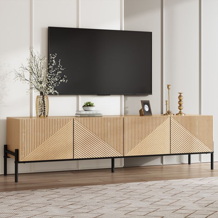 Meuble TV en Bois avec 4 Portes Géométriques et Pieds Métal – Banc TV 163 5 L x 40 P x 45 H cm