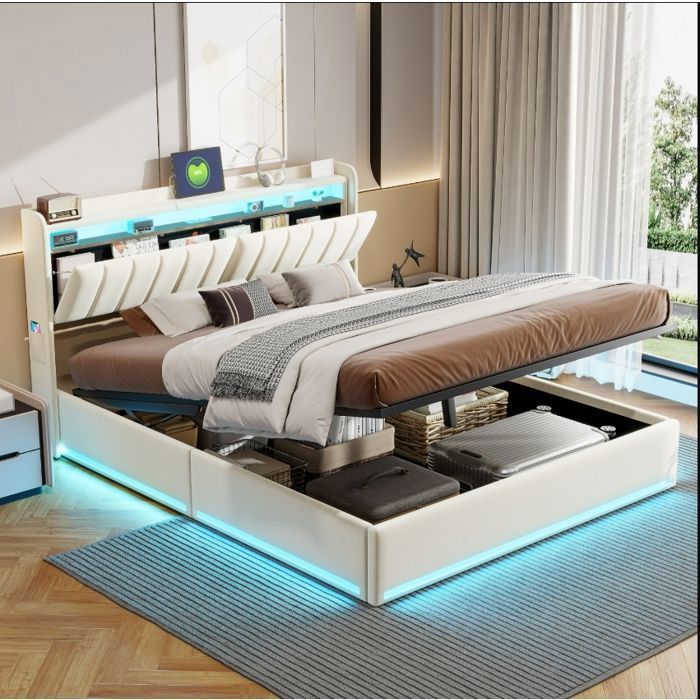 Lit Coffre 160x200 cm Hydraulique Lit avec Rangement et Éclairage LED Tête de Lit Rabattable Sommier à Lattes Velours Beige