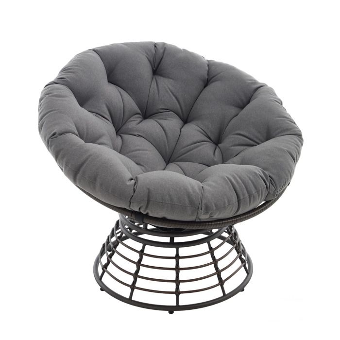 VLIVRA Fauteuil Papasan Rotatif 360° Silencieux avec Coussin Épais Structure en Acier et Rotin PE Gris Ø 92 × 67 cm