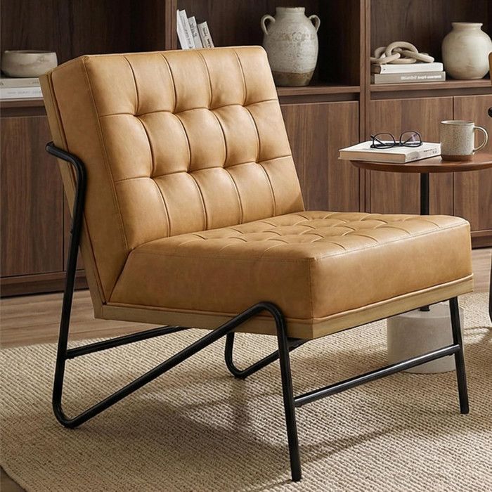 chairus Fauteuil de Salon Confortable Fauteuil Scandinave Chaise de Chambre en Cuir PU Fauteuils Salon Moderne Pieds Métal Marron