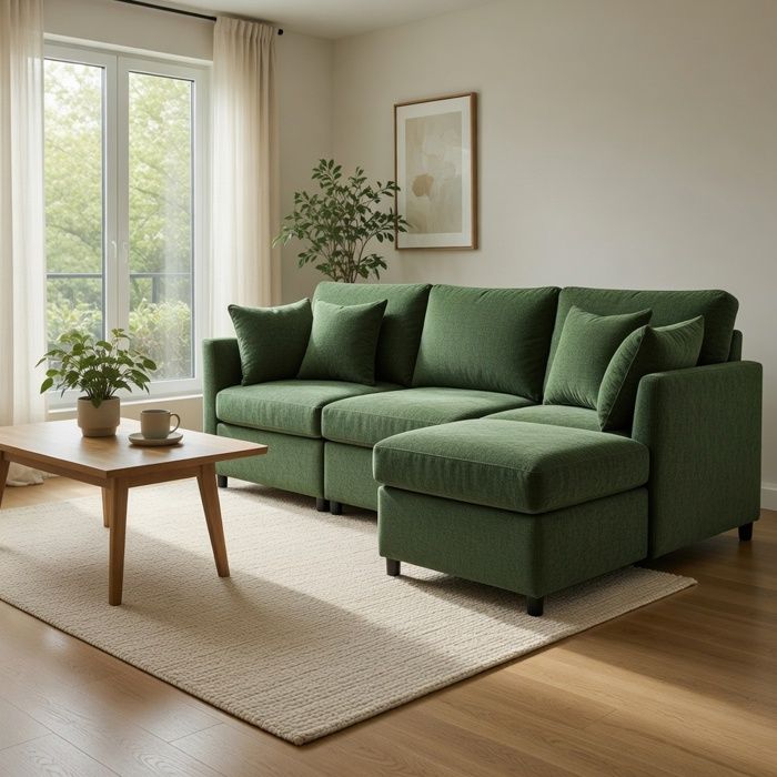 Canapé dangle - MINIMAL - Modulaire L convertible - 4 places chenille - Repose-pieds amovible - Bois massif