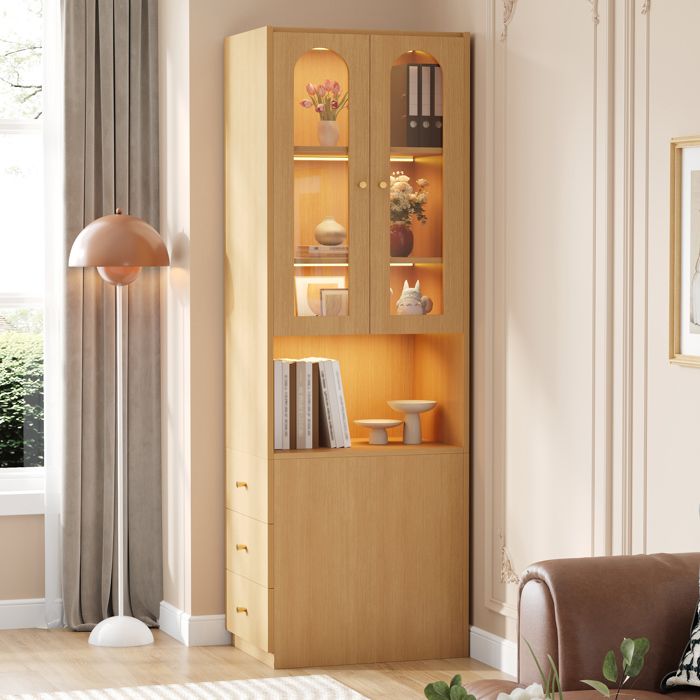 Vitrine Armoire LED 60x40x200 cm avec vitrine en verre trempé LED et 3 tiroirs latéraux MDF décor chêne