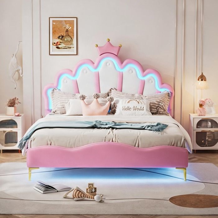 Lit double princesse couronne 140x200 cm en simili PU warm pink LED RGB