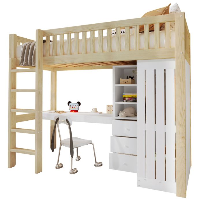 Lit en hauteur 90x200 avec bureau armoire 3 tiroirs rangements ouverts barrière escalier sans matelas naturel