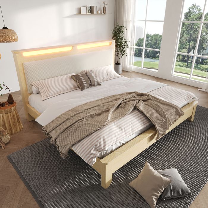 Lit double 140x200 cm avec tête de lit rangement LED dossier velours côtelé sommier à lattes sans matelas beige chêne clair