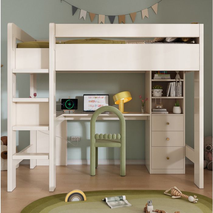 Lit mezzanine enfant 90 x 200 cm blanc avec bureau d’angle en L 3 tiroirs 3 étagères USB Type-C