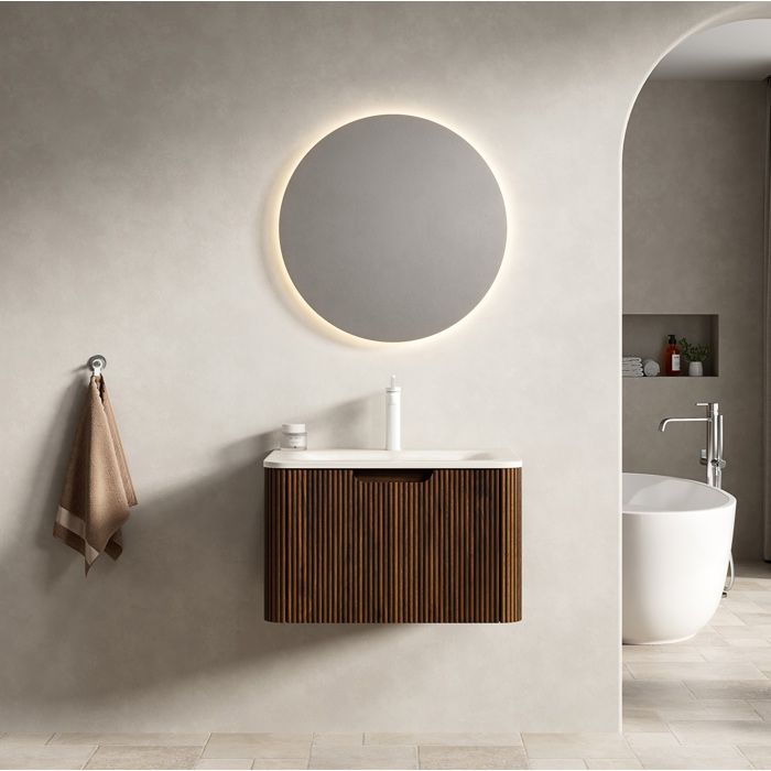Meuble sous vasque suspendu 60 cm 1 tiroir LED soft close vasque intégrée pierre frittée travertin Roma ORVRYN