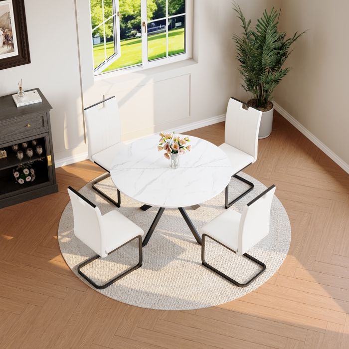 Table de salle à manger 4 personnes avec 4 chaises ronde effet marbre blanc - ELVMI - PU et métal noir cuisine