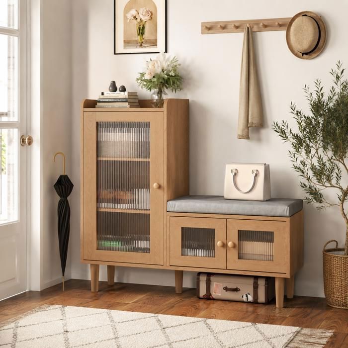 Meuble à Chaussures avec Banc et Portes Vitrées meuble d’entrée avec 4 étagères Étagères Réglables 100x35x90 cm Bois Naturel