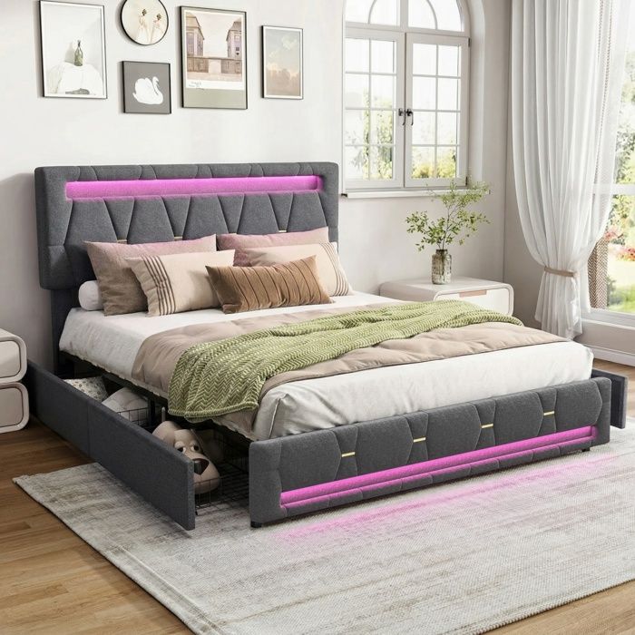 Lit coffre 140x200 cm lit double avec LED de USB Espace de Rangement avec 4 tiroirs Sommier à Lattes Lin Gris Sans Matelas