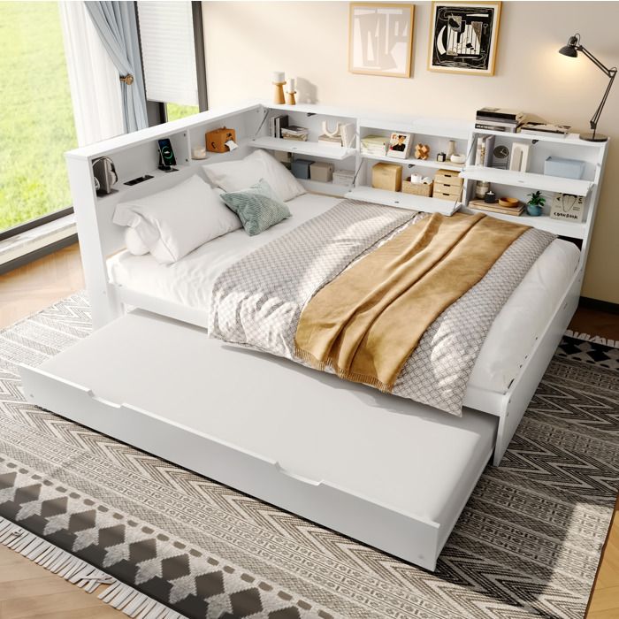 Lit combiné 2 places 140 × 200 cm rangement lit gigogne USB et Type-C - YEAVIO - sans matelas pin et MDF - blanc