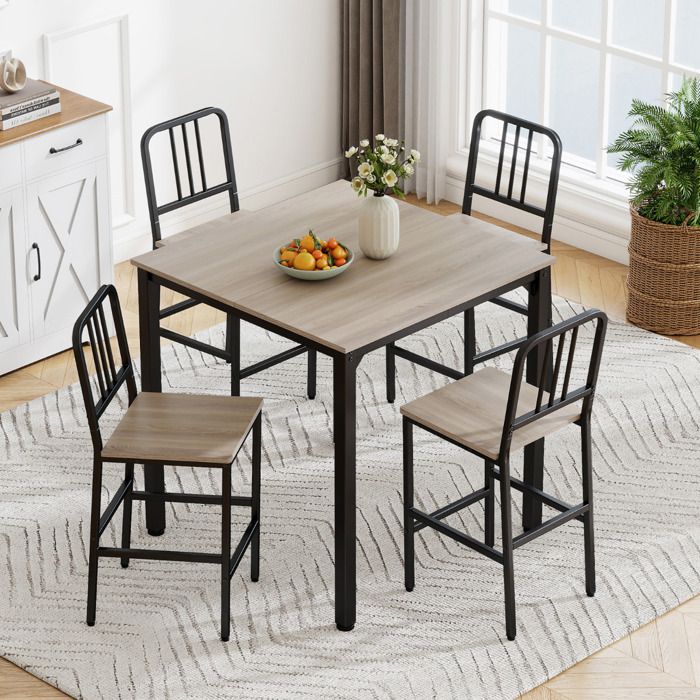 Set table bar 5 pièces carré 90cm 4 tabourets hauts rangement sous table cadre métal robuste gris industriel