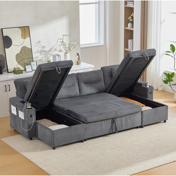 Canapé Convertible 4 Places Double Méridienne avec Rangement et Porte-Gobelets - ELVMI - USB Type-C Velours Côtelé Gris Carbone