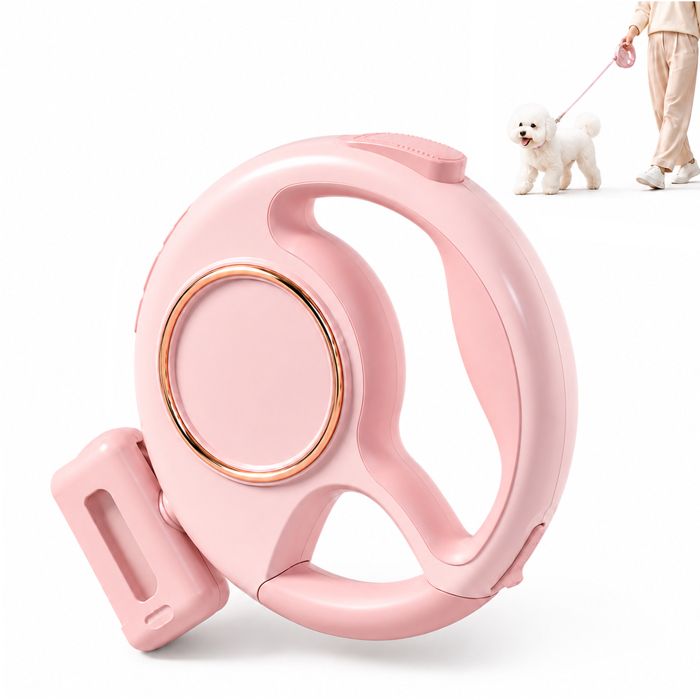 Laisse pour chien enrouleur rose 3m avec distributeur de sacs et éclairage LED léger convient aux chiens de 5-50kg pour gros chien