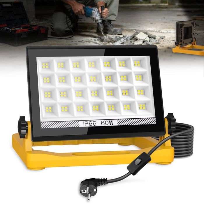 Projecteur Led Chantier 60W 6000KLampe De Chantier Éclairage 3 ModesÉtanche Ip66Avec Prise Et Cordon De 4MPortable Pour [CA9]