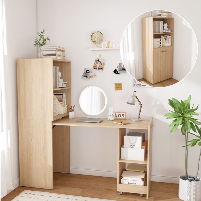 Secrétaire bureau escamotable avec plateau coulissant meuble de rangement MDF chêne clair naturel