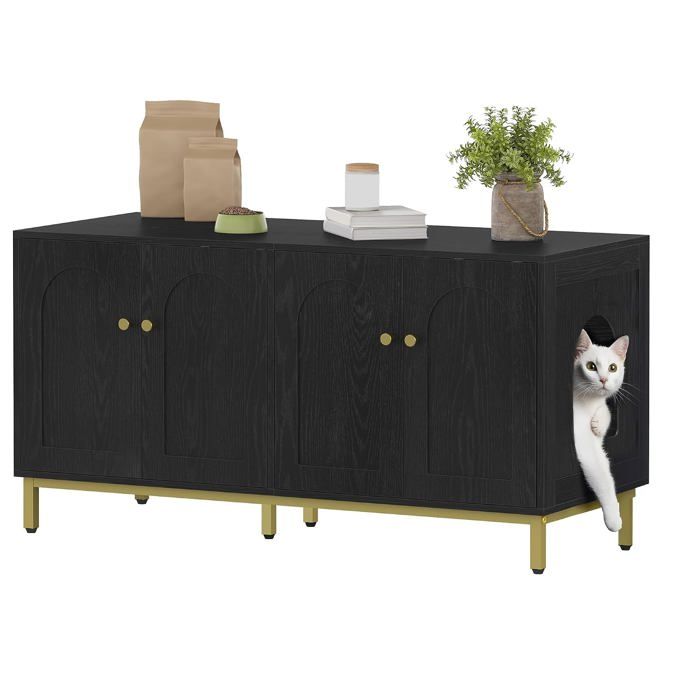 Meuble litière chat avec 2 bacs intégrés - noir et or - panneau particules 57 6 × 47 5 × 47 6 cm - supporte jusquà 60 kg