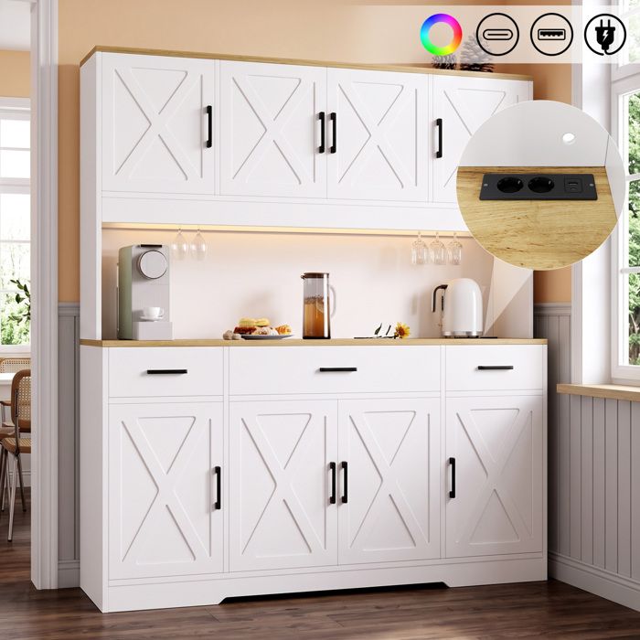 Buffet haut blanc et chêne 150 x 40 x 180 cm avec LED colorée prises intégrées USB-C et 2 porte-verres ORVRYN