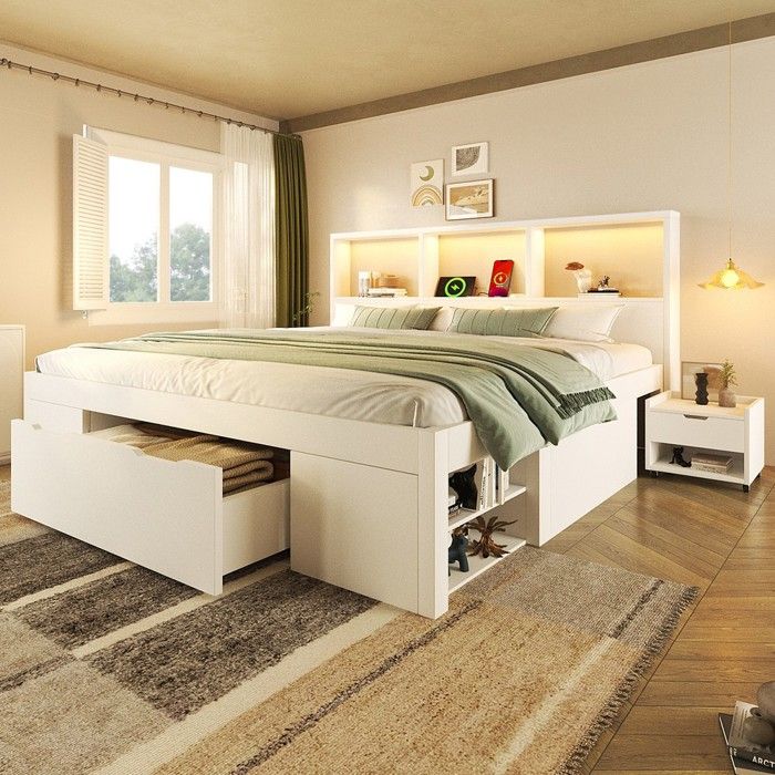 Lit double bois blanc 140x190 cm avec rangement tiroirs éclairage LED port USB-C sommier à lattes rembourré sans matelas Lit double bois blanc 140x190 cm avec rangement tiroirs éclairage LED port USB-C sommier à lattes rembourré sans matelas