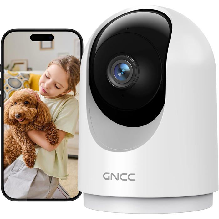 Caméra GNCC 2K WiFi intérieure 360° détection IA audio bidirectionnel alertes APP compatible Alexa pour bébé & animaux