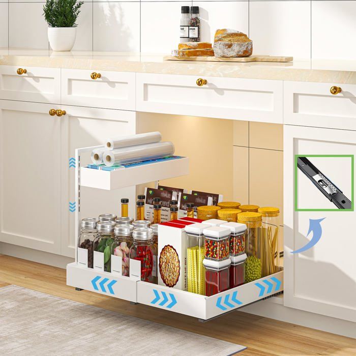 Rangement sous évier extensible 2 niveaux en fer - blanc 31-52 x 42 x 41 cm pour cuisine