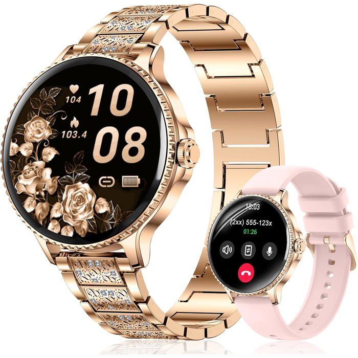 Montre Connectée Femme Ronde avec Appel Bluetooth 1 27 Smartwatch Femme avec Bracelet en Acier avec Strass SpO2 Fréquence Or Rose Montre Connectée Femme Ronde avec Appel Bluetooth 1 27 Smartwatch Femme avec Bracelet en Acier avec Strass SpO2 Fréquence Or Rose
