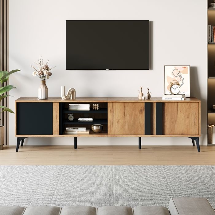 Meuble TV 180cm 3 portes et 4 niches ouvertes Banc TV pour télévision 80 pouces 180x40x50cm noir+marron
