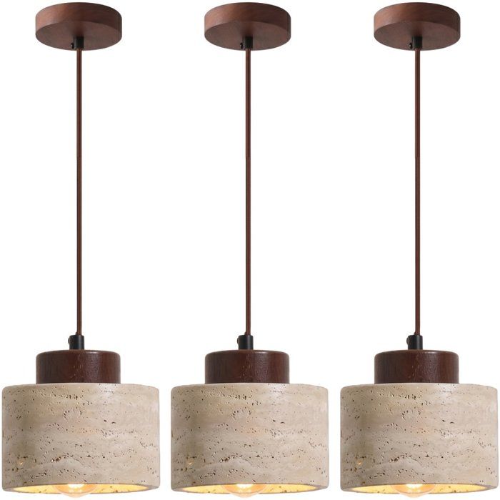 WOTTES 3 x Ø12cm Lustre en Pierre Calcaire Jaune Naturelle Lampe Japonais Style Wabi Sabi Luminaires Suspension pour Salle à Manger