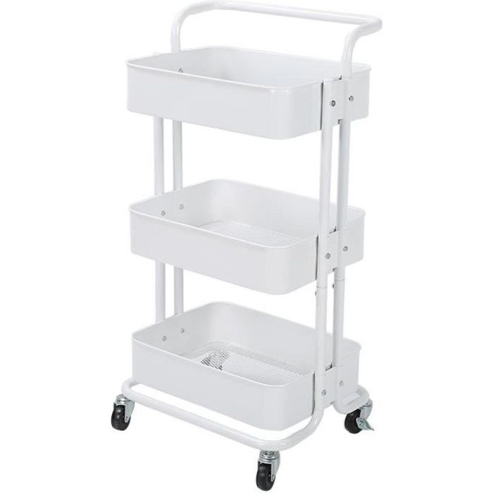 Chariot de rangement à roulettes à 3 niveaux Chariots de cuisine avec poignée pour livres, produits de beauté, travaux manuels, chariots roulants, chariot de rangement utilitaire pour chambre, salle