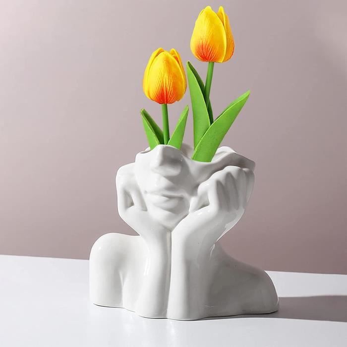 Vase En Céramique En Forme De Visage Pour Femme - Vase De Fleurs Blanc