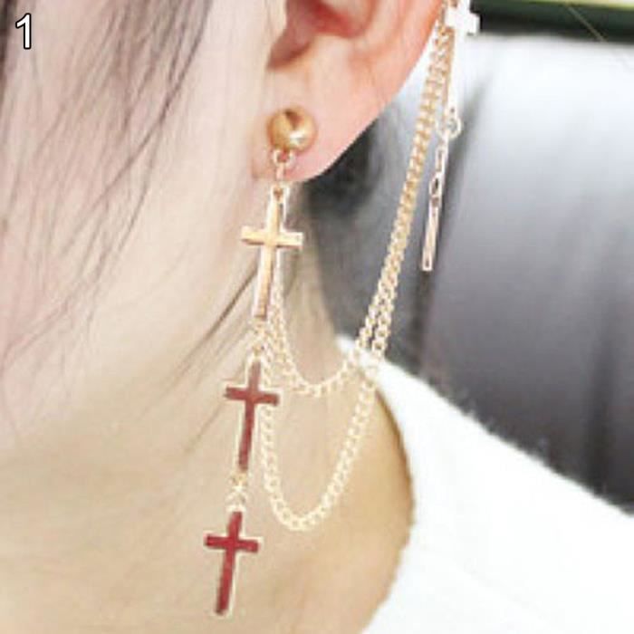 14K Solid or Blanc Longue Chaîne Boucles d/'oreilles avec croix