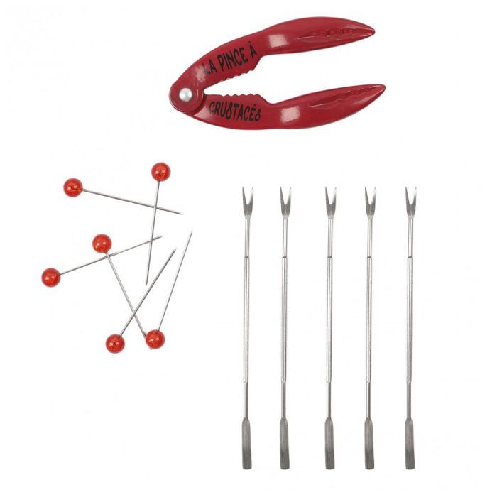 Coffret Crustacés - COOK CONCEPT - Pince et 6 Fourchettes - Rouge et Argent