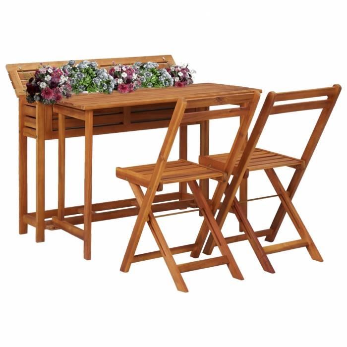 Table de balcon - Marron - Acacia massif - 2 chaises de bistro - Extérieur - Compacte